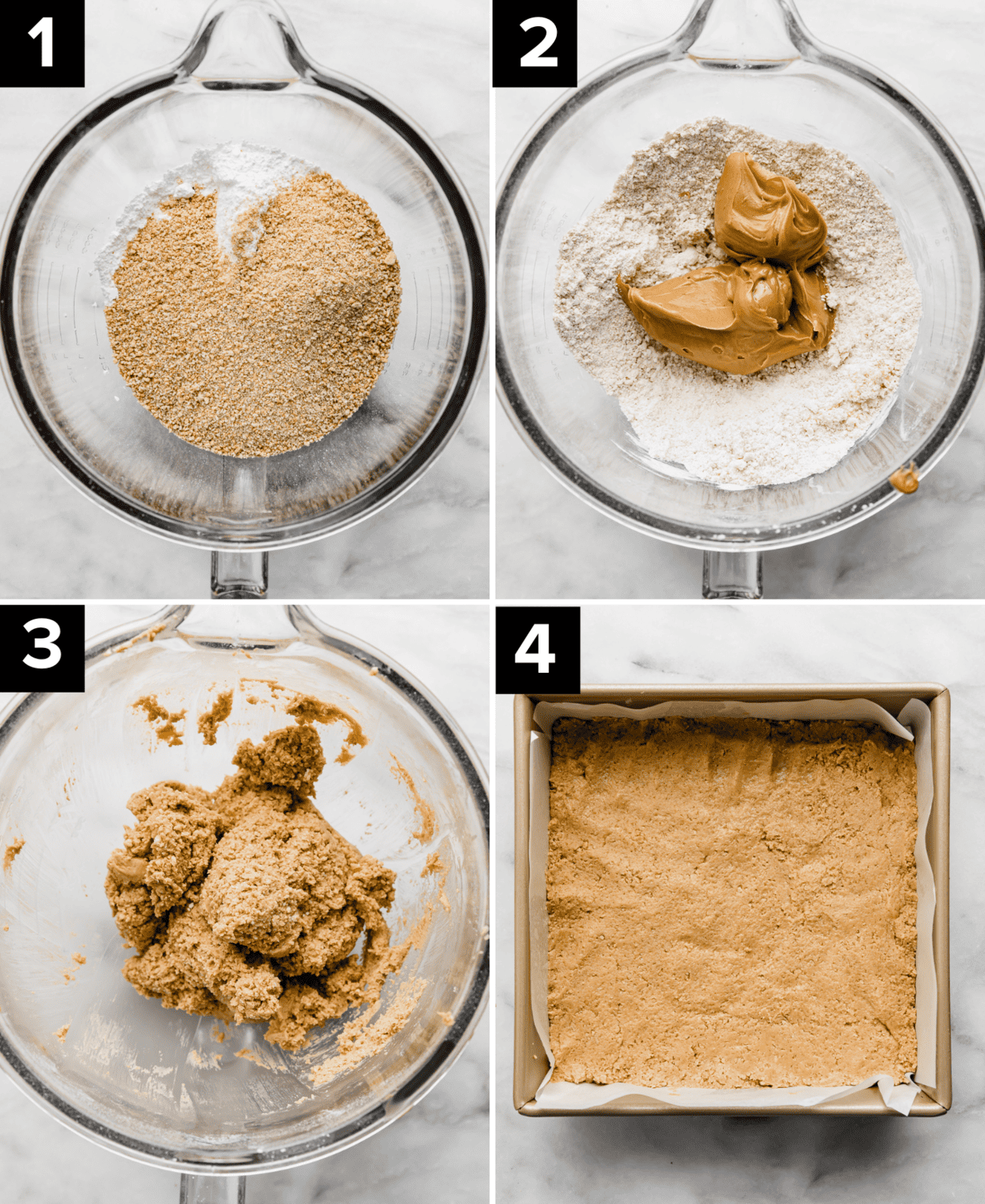 Four images showing the making of the peanut butter layer for no bake chocolate peanut butter bars made with graham crackers.