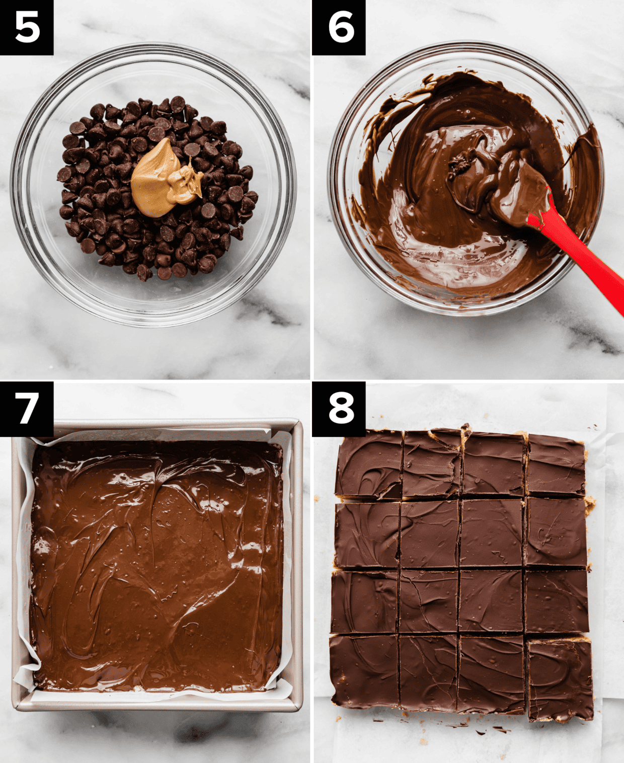 Four images showing the making of the chocolate layer for the top of Chocolate Peanut Butter Bars.