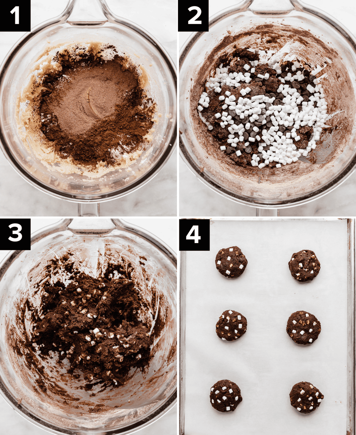 Four images showing the process of how to make hot chocolate cookies, top photos showing hot chocolate cookie dough in a glass bowl and mini marshmallows in the dough, bottom photos showing fully mixed hot cocoa cookies in a bowl and hot cocoa cookies portioned into balls on a baking sheet.