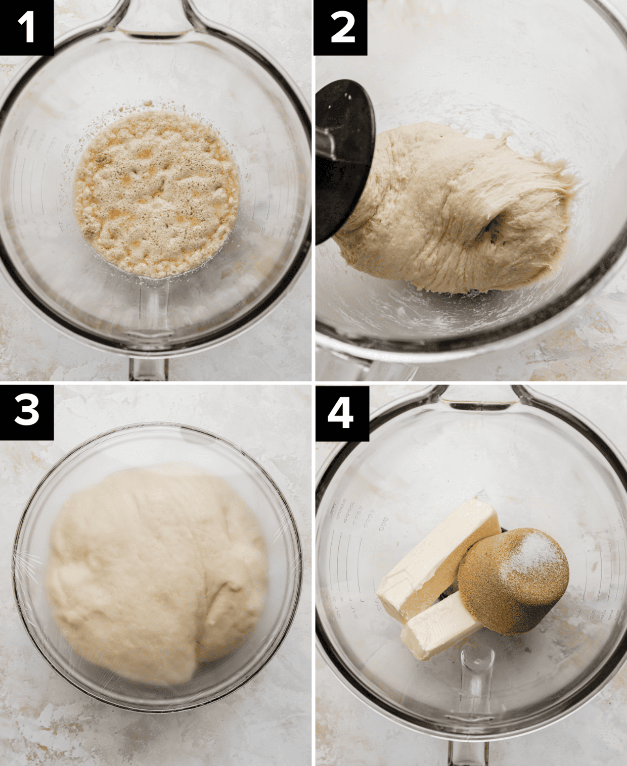 Four images showing the making of a sweet dough used for Pecan Sticky Buns, top left is bubbly yeast in a glass bowl, top right is sweet roll dough in a glass bowl, bottom left is sweet roll dough in a glass bowl, bottom right image is butter and brown sugar in a glass bowl.