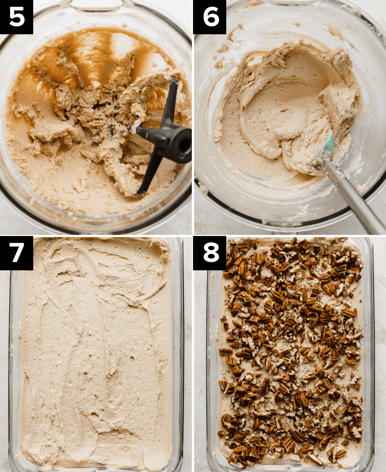 Four images showing the making of caramel glaze for pecan sticky buns, top left and right is tan colored sugar mixture in glass bowl, bottom left image is tan colored sugar mixture leveled into a glass baking dish, bottom right image is chopped pecans in a glass baking dish.