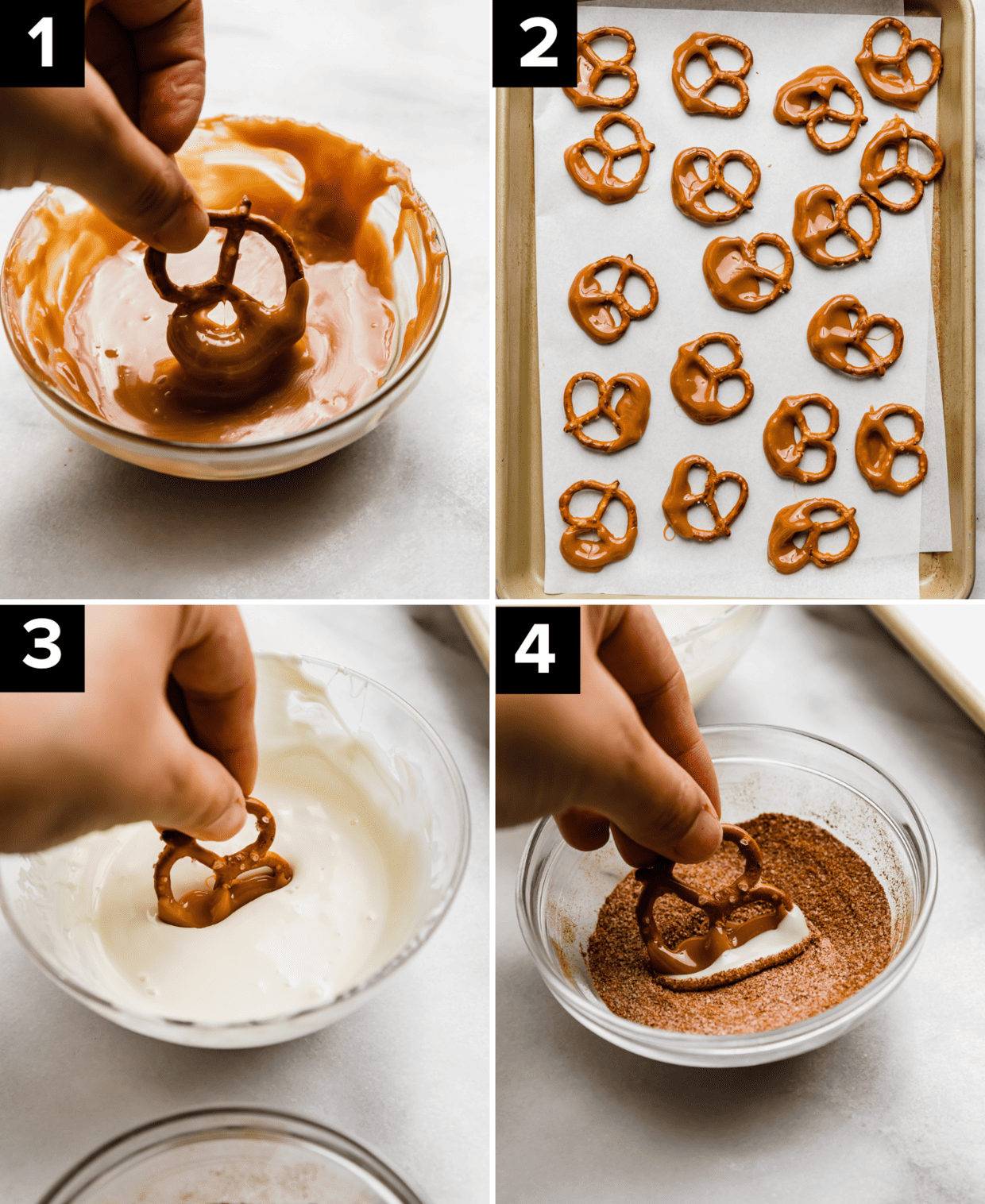 Four photos showing a pretzel dipped in caramel, white chocolate, then cinnamon and sugar.