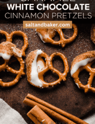 snickerdoodle pretzels on a brown background with the words, "Caramel white chocolate cinnamon pretzels" in white font.