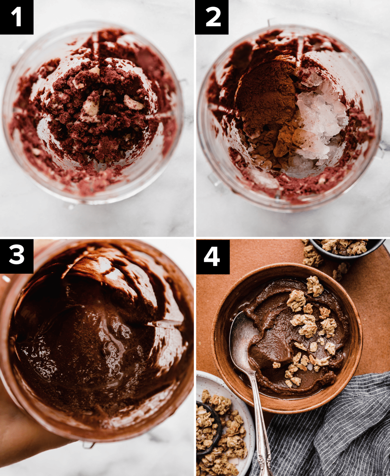 Four photos showing the making of a chocolate Chocolate Acai smoothie in a blender cup using chocolate protein powder, ice, banana, and Sambazon açaí packet.