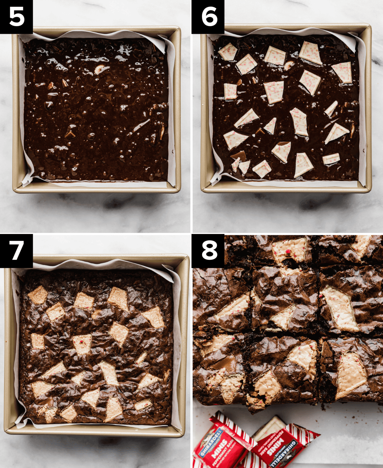 Peppermint Bark Brownies in a square pan, top photo is just the batter in the pan, top right image has peppermint bark pieces overtop, then bottom two photos are baked peppermint brownies.