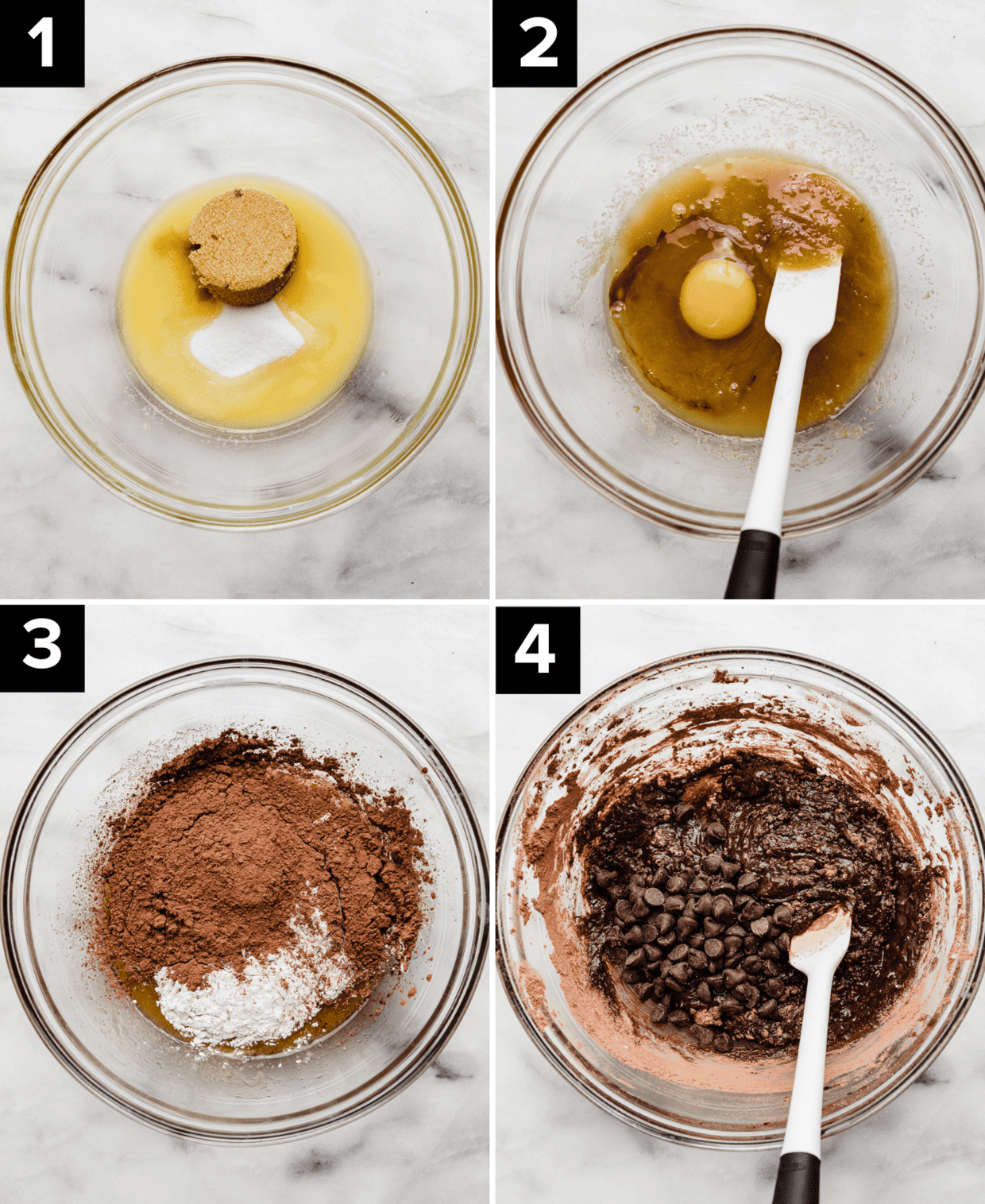 Four photos showing how to make a batch of small batch brownies batter. 