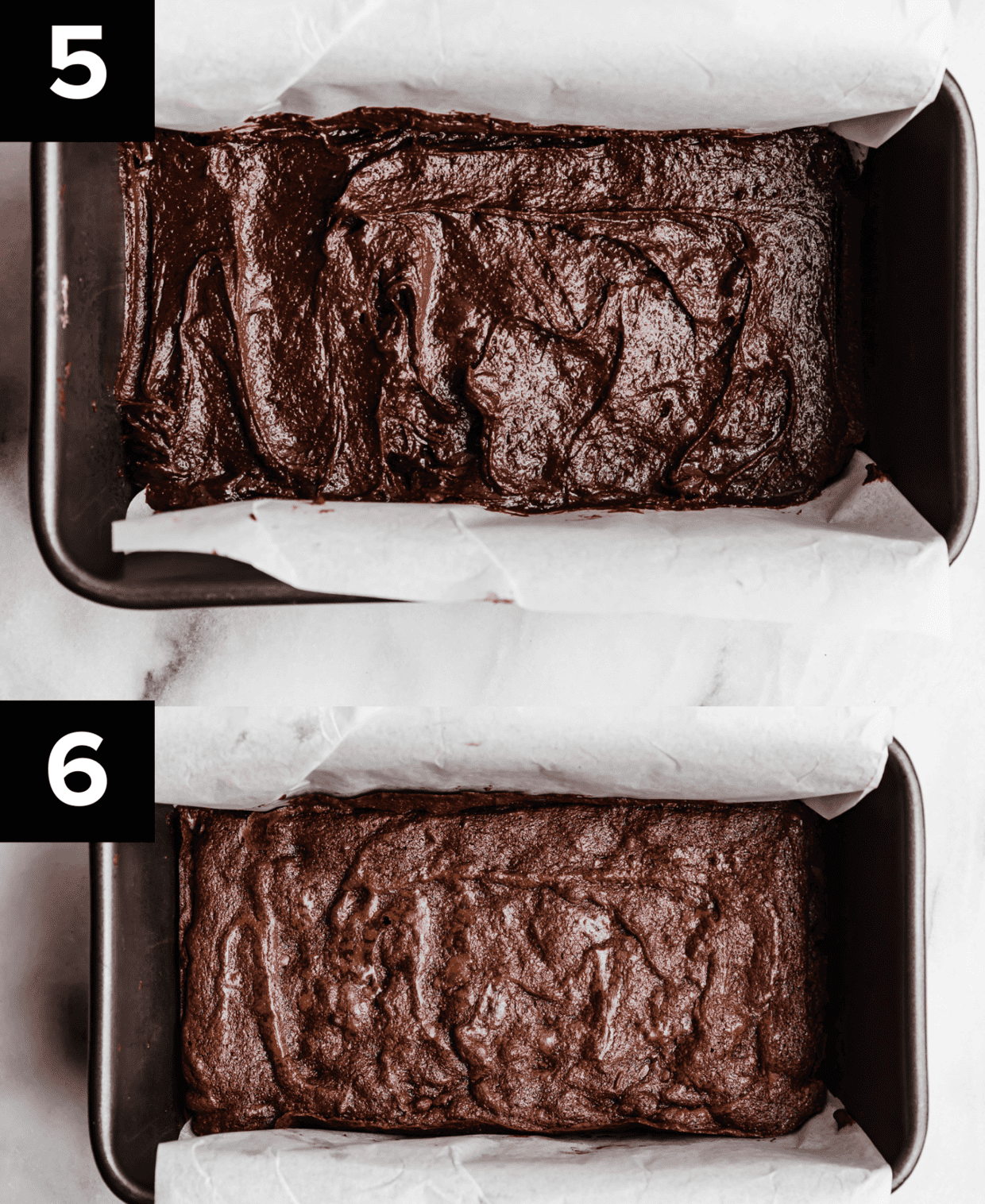 Two photos, top photo is Small Batch Brownie batter in a bread pan, bottom image is baked Small Batch Brownies in a bread pan.