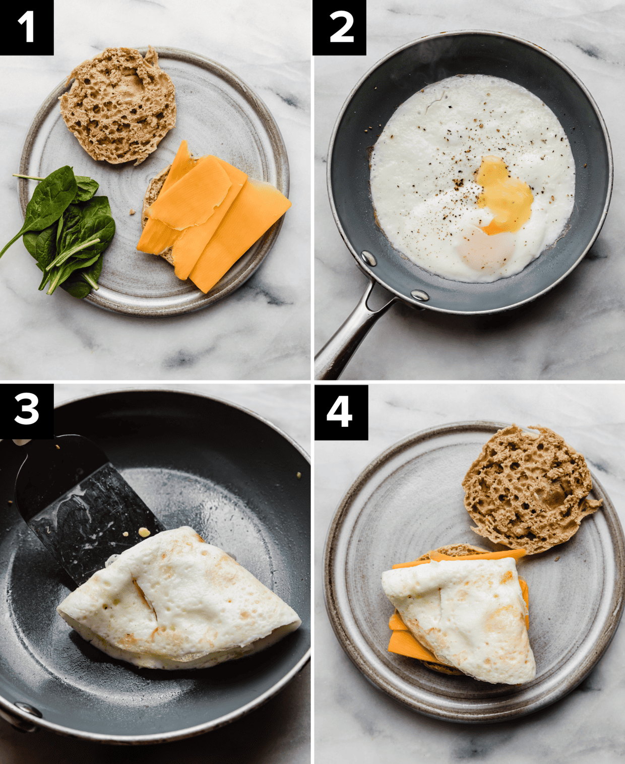 Four images showing how to make an easy and healthy Turkey Breakfast Sandwich recipe.