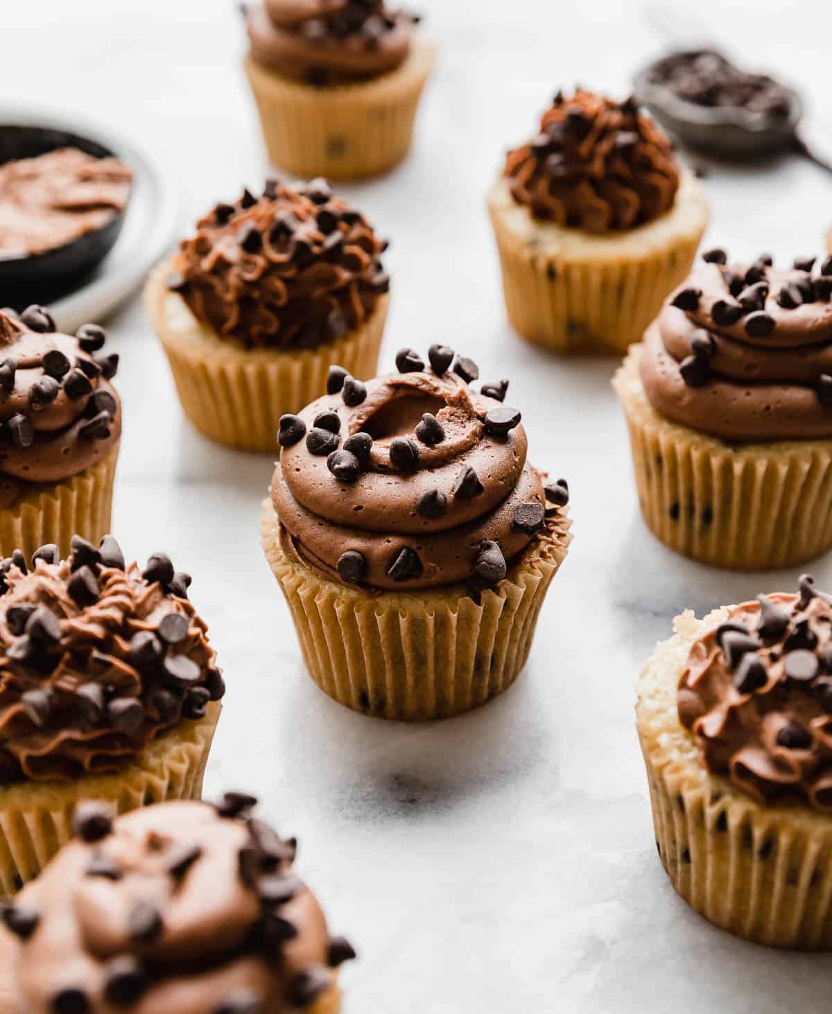 Chocolate Chip Cupcakes topped with a swirl of chocolate frosting and mini chocolate chips on a white background.