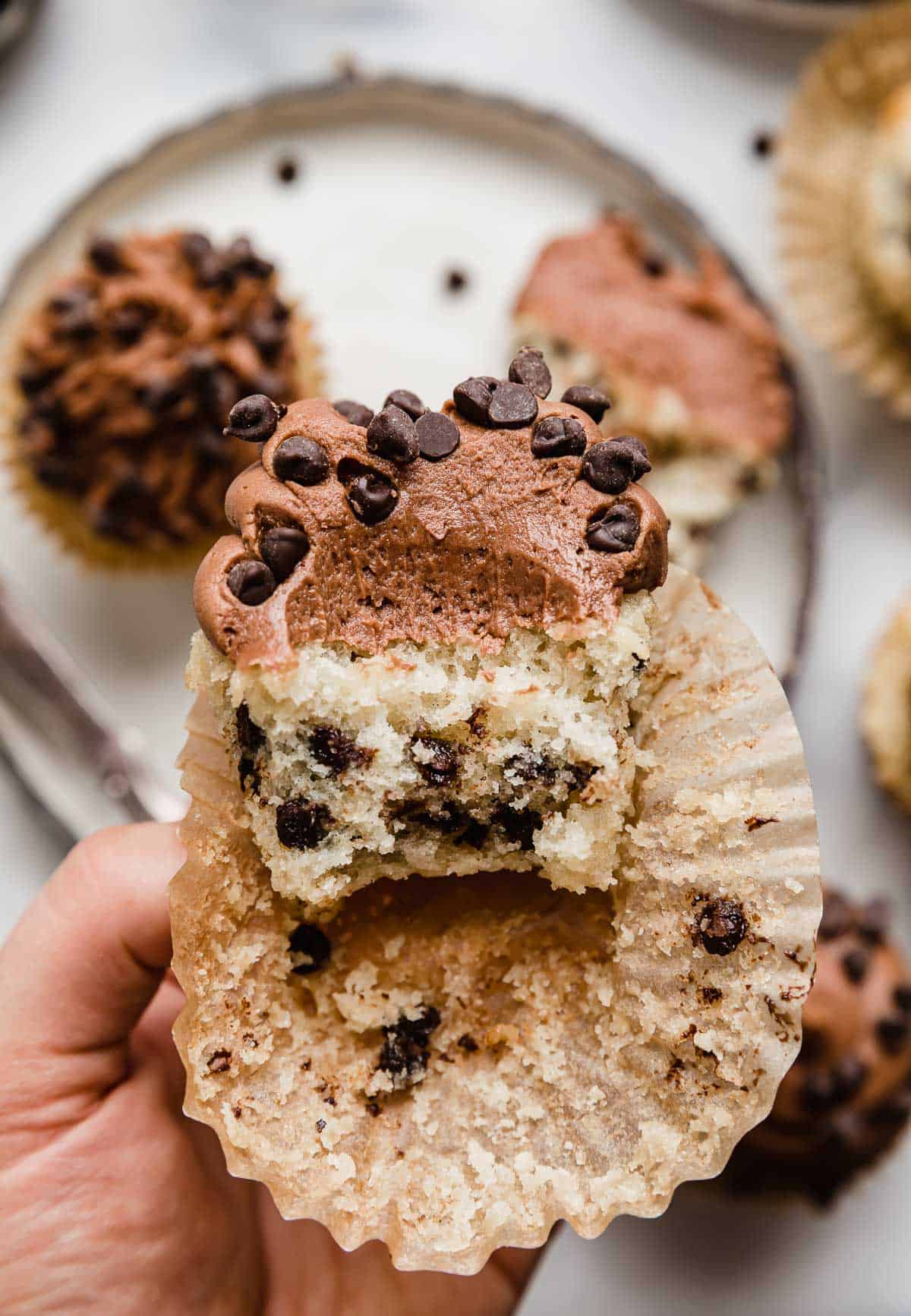 A hand holding a chocolate chip cupcake with chocolate frosting, and a bite taken out of the cupcake!