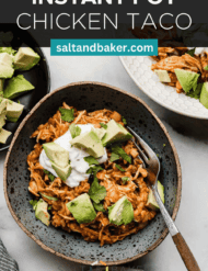Instant Pot Chicken Taco Bowls in a blue bowl on a white background, with the words, "Instant Pot Chicken Taco" written in white text above the image.