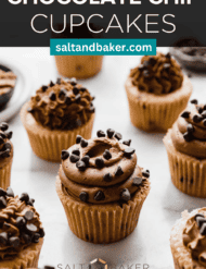 A photo of chocolate buttercream topped moist chocolate chips cupcakes studded with mini chocolate chips, with the words, "Chocolate Chip Cupcakes" written in white text above the photo.