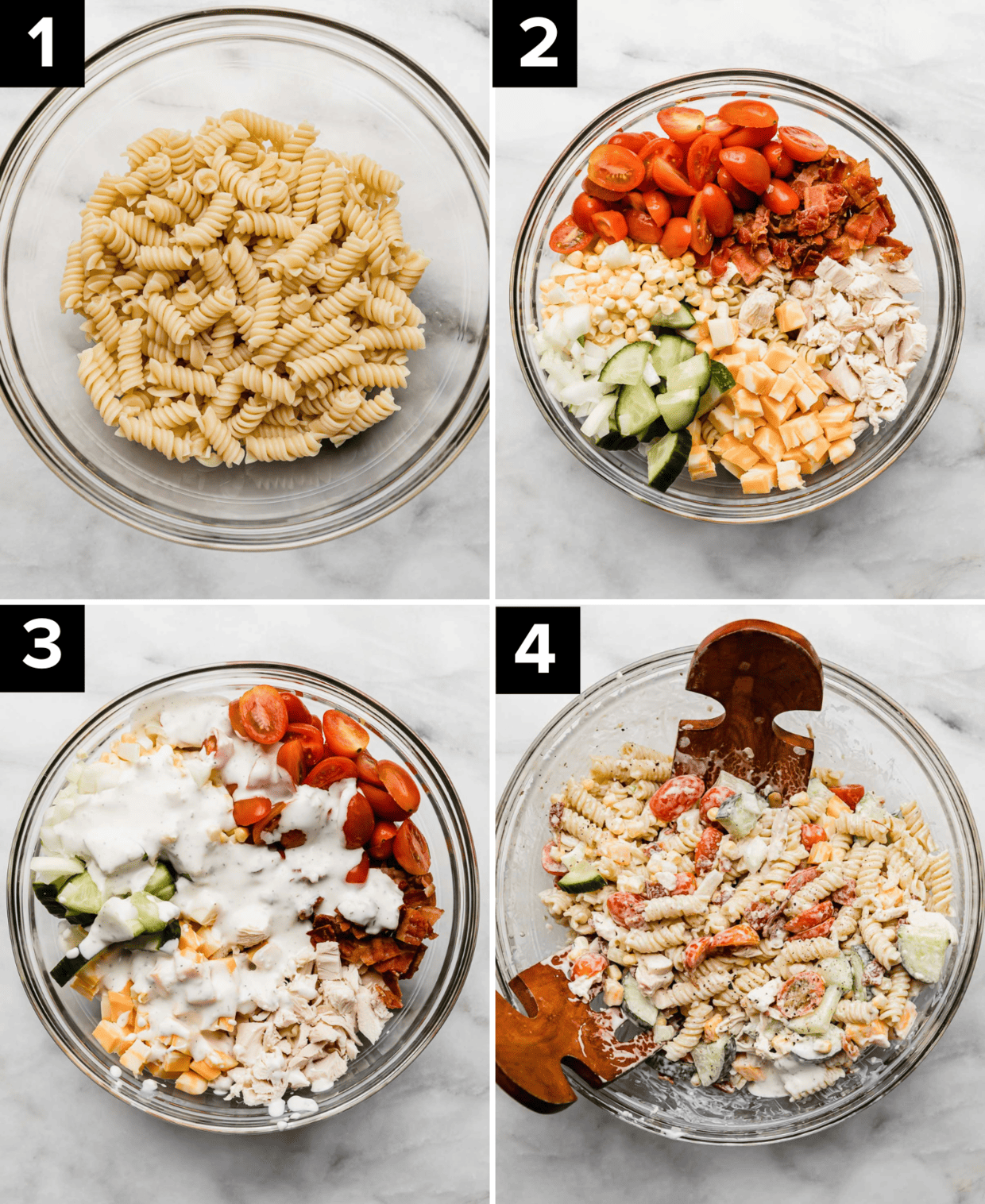 Four photos, top left is glass bowl with cooked rotini pasta in it, top right image is chicken, tomatoes, cucumber, cubed cheese, and bacon in a glass bowl, Chicken Bacon Ranch Pasta Salad in a glass bowl in both bottom photos.
