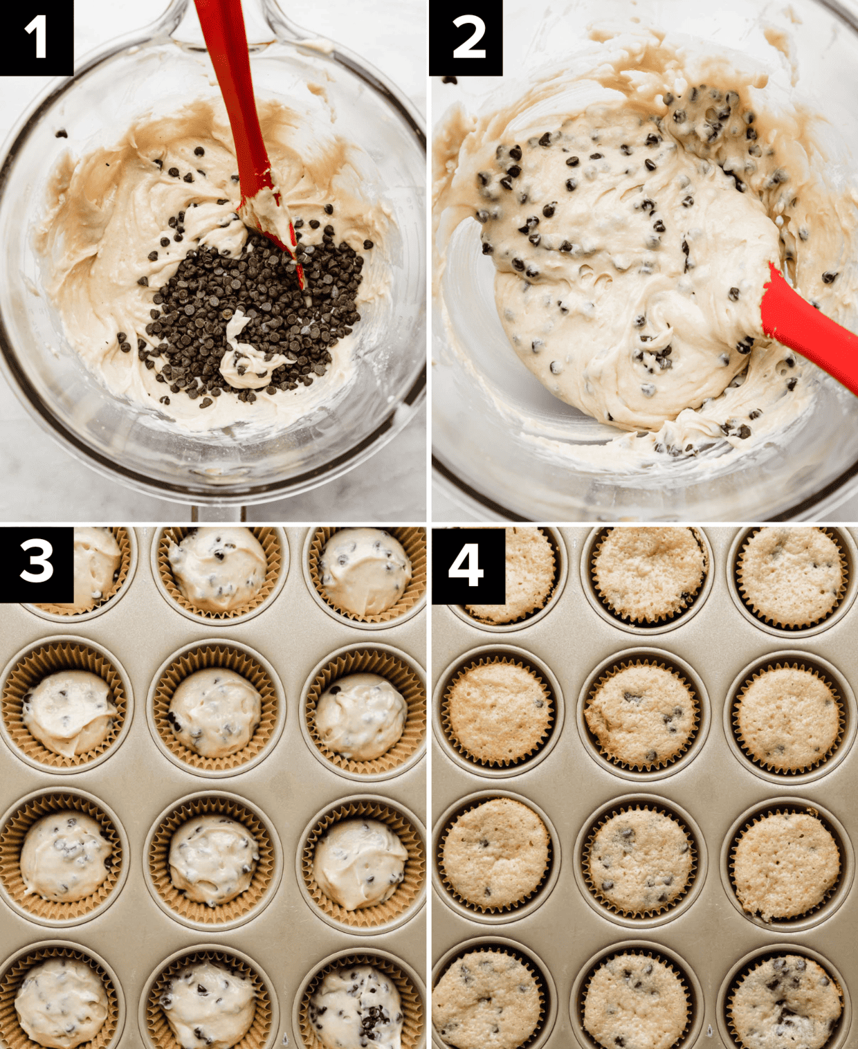 Four photos showing Chocolate Chip Cupcakes batter in a glass bowl, then cupcake liners filled with the batter and then baked.