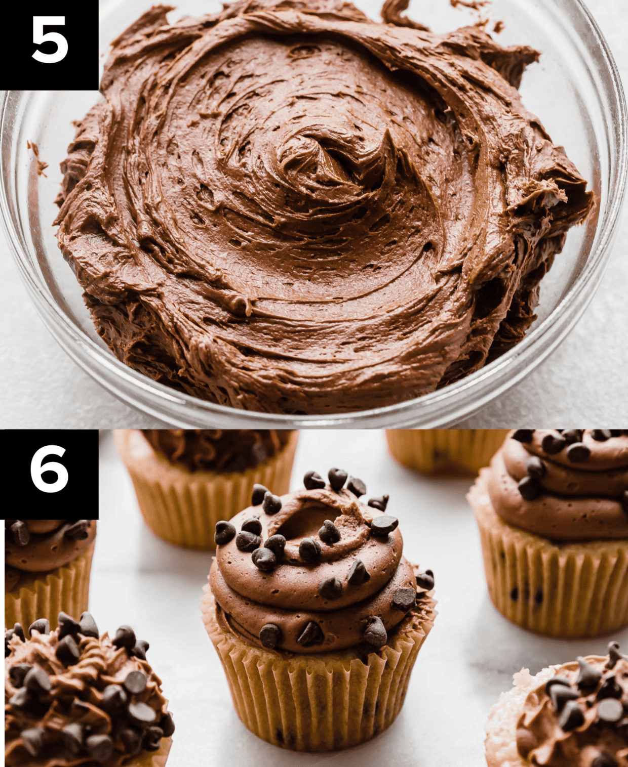Two photos, top photo is chocolate buttercream frosting for chocolate chip cupcakes in a glass bowl, bottom photo is chocolate buttercream topped Chocolate Chip Cupcakes on a white background. 