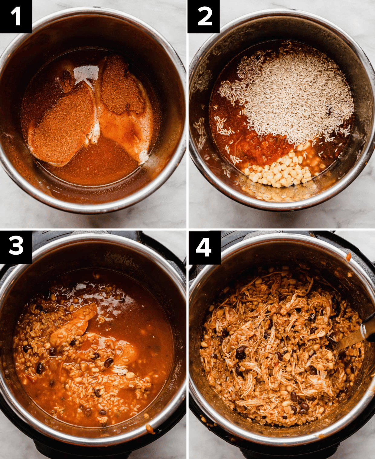 Four images showing an instant pot with chicken, and rice, beans, and other ingredients for making Instant Pot Chicken Taco Bowls, with ingredients added progressively.