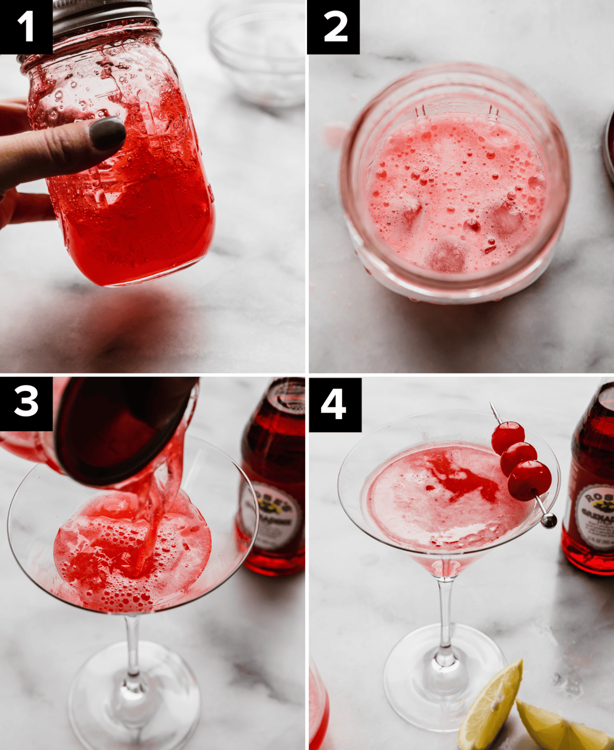 Four photos showing how to make a pink lady mocktail recipe, top left image is a glass mason jar filled with pink mocktail ingredients being shaked, top right is overhead photo of foamy Pink Lady Mocktail in a mason jar, bottom left image is Pink Lady Mocktail being poured into a glass, and bottom right photo is Pink Lady Mocktail in a martini glass.