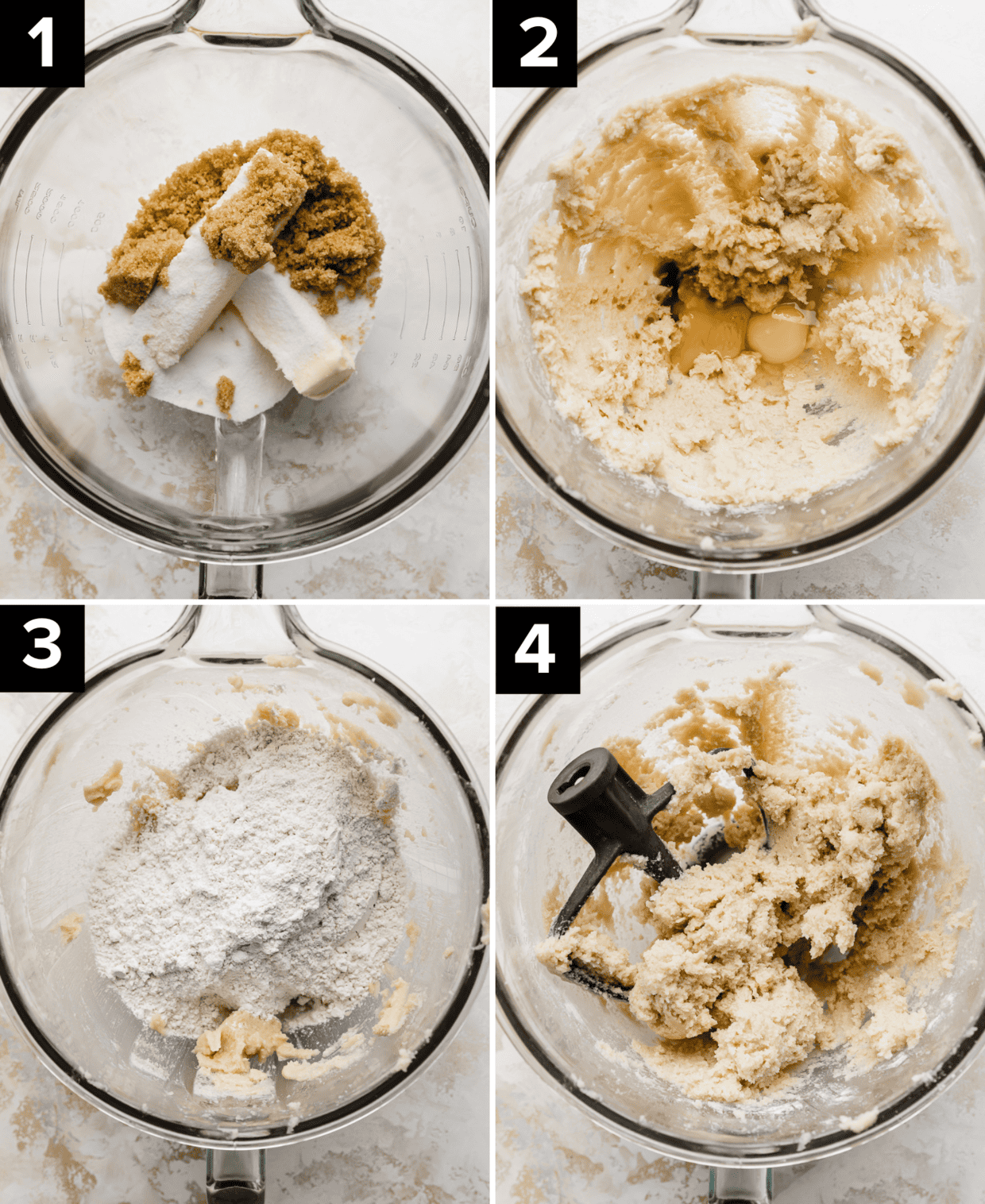 Four images showing how to make Snickerdoodle Bar cooking dough in a glass bowl (on a light white background).