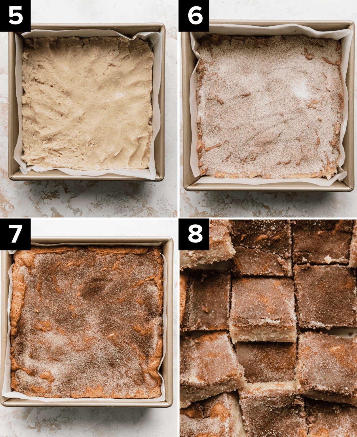 Four photos showing snickerdoodle bars in a square pan prior to baking, then after baking and cut into squares.