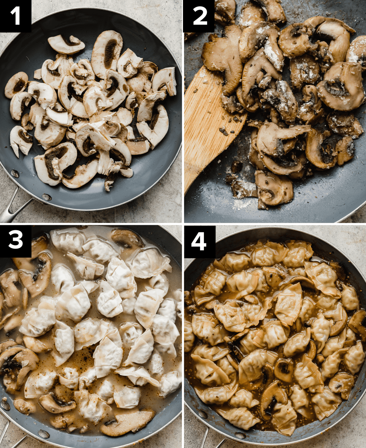 Four photos showing the process of how to make an easy spicy chicken wonton recipe using frozen chicken wontons from Costco.