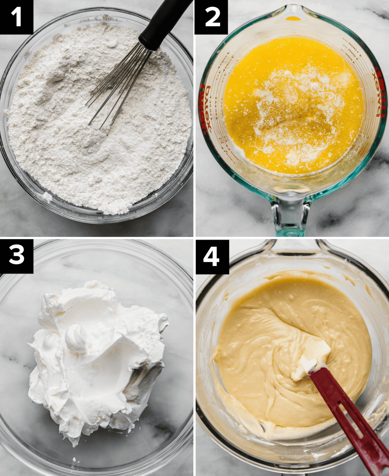 Four photos showing steps to making a yellow cake with cake flour: top left image is dry ingredients in a bowl, top right photo is melted butter and buttermilk in glass measuring cup, bottom left image is whipped egg whites, bottom right image is a yellow cake batter in a bowl.