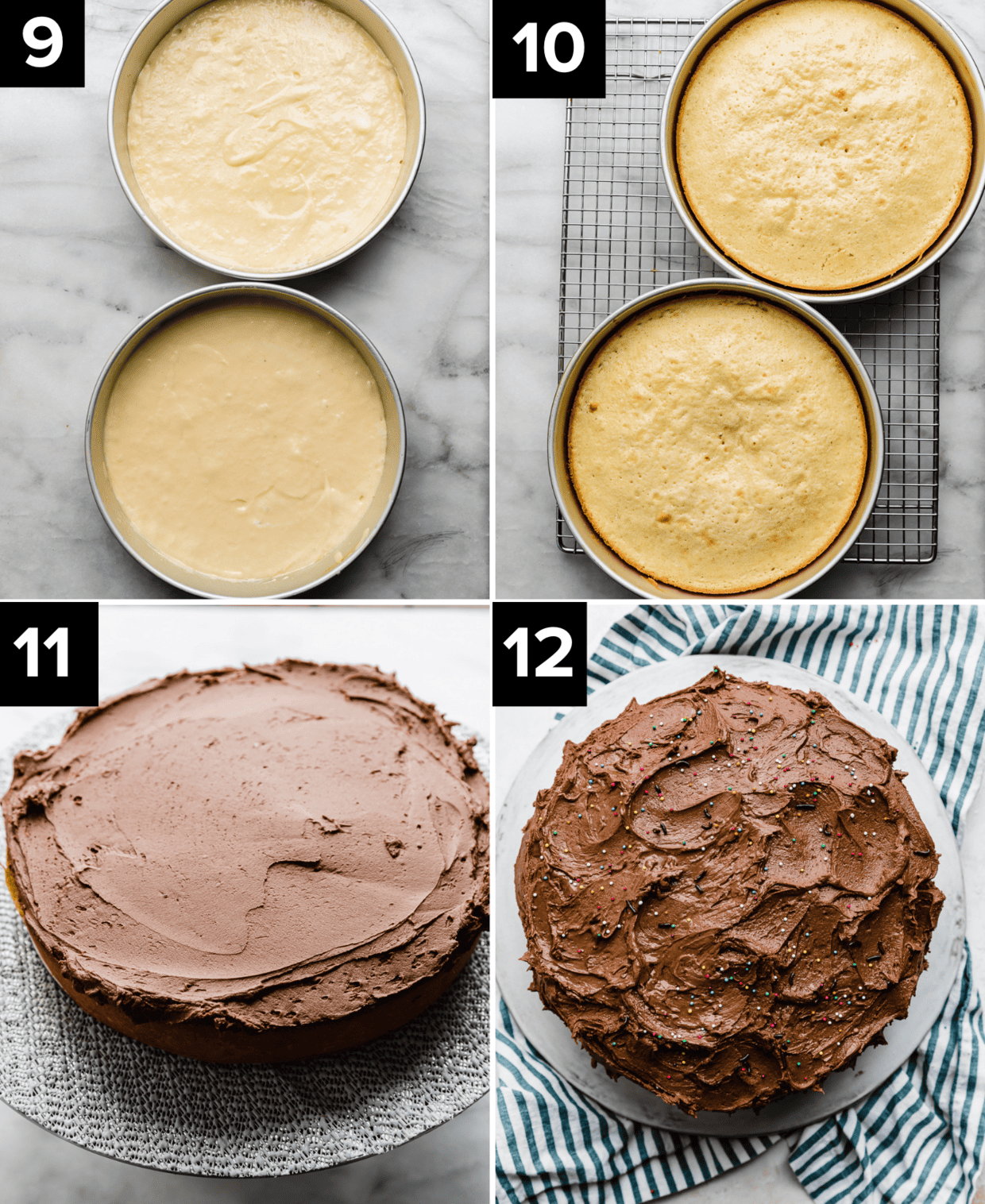 Four photos showing how to make Yellow Cake with Chocolate Frosting, top left image is two cake rounds with yellow cake batter in them, top right image is baked yellow cake recipes in two round cake pans, bottom left photo is chocolate frosting atop a single yellow cake layer, and bottom right is a chocolate frosting coated yellow cake.