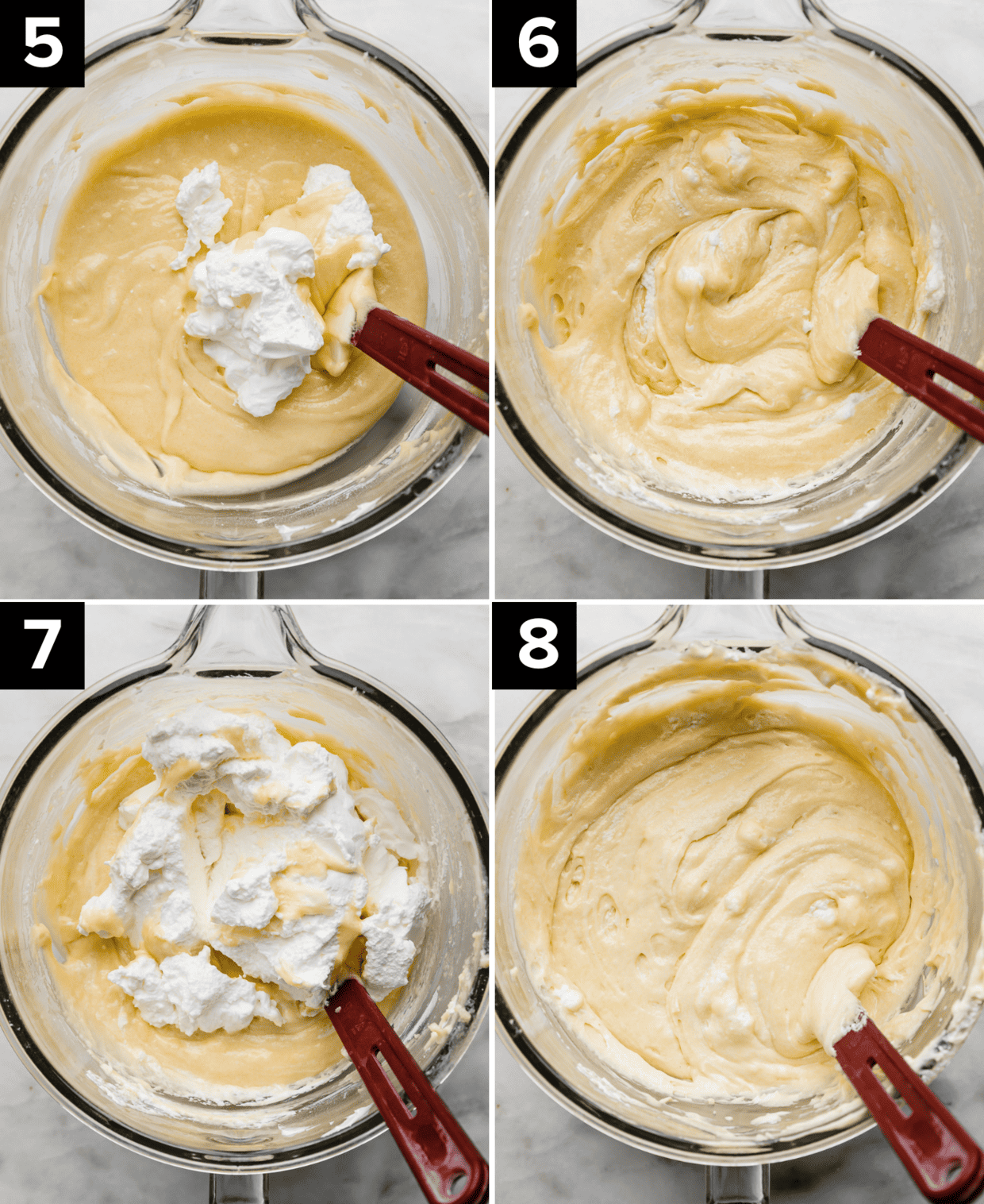 Four images showing the sequencing of folding in egg whites into a yellow cake batter that's in a glass mixing bowl.