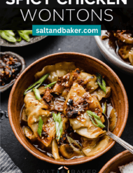 An easy recipe for spicy chicken wontons in a brown bowl on a dark black background with the words, "Spicy Chicken Wontons" written in white text above the photo.