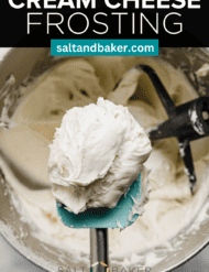 Small batch cream cheese frosting using cold cream cheese, piled on a spatula, with the words, "Cream Cheese Frosting" written in white font above the photo.