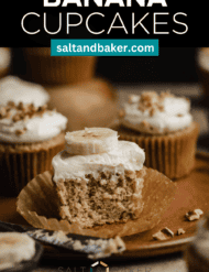 A fresh banana cupcake topped with cream cheese frosting and cut in half, on a brown plate, with the words, "Banana Cupcakes" written in white font above the image.