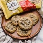 Nestle Toll House Chocolate Chip Cookies on a brown plate.