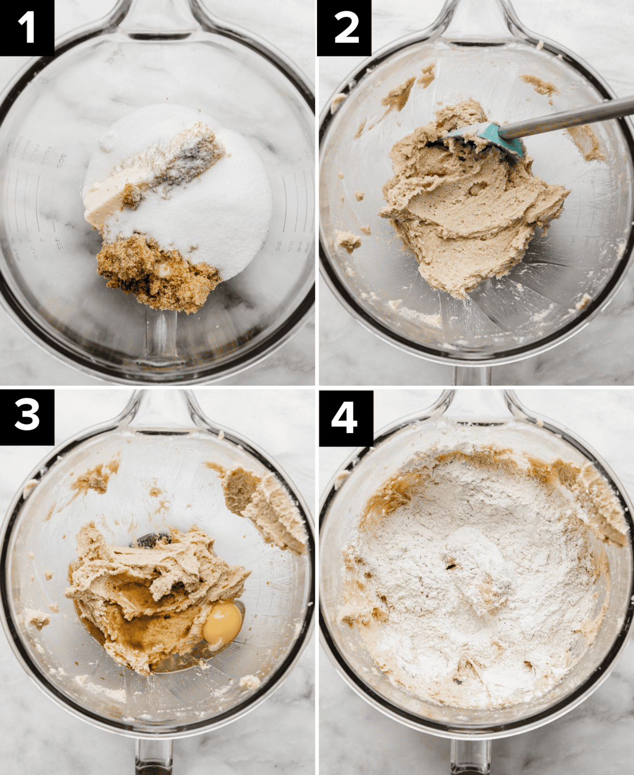 Four photos showing how to make the best toll house chocolate chips cookies with Nestle chocolate chips.