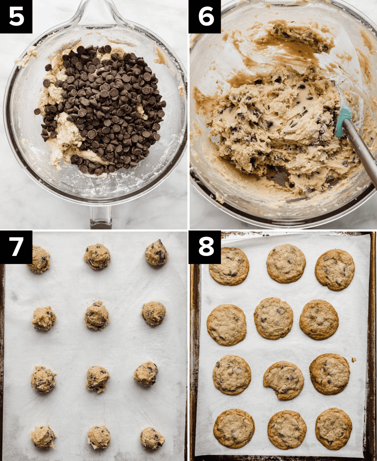 Nestle Toll House Chocolate Chip Cookie dough in a glass bowl, then portioned into balls on a baking sheet, and another photo showing the cookies baked on a baking sheet.