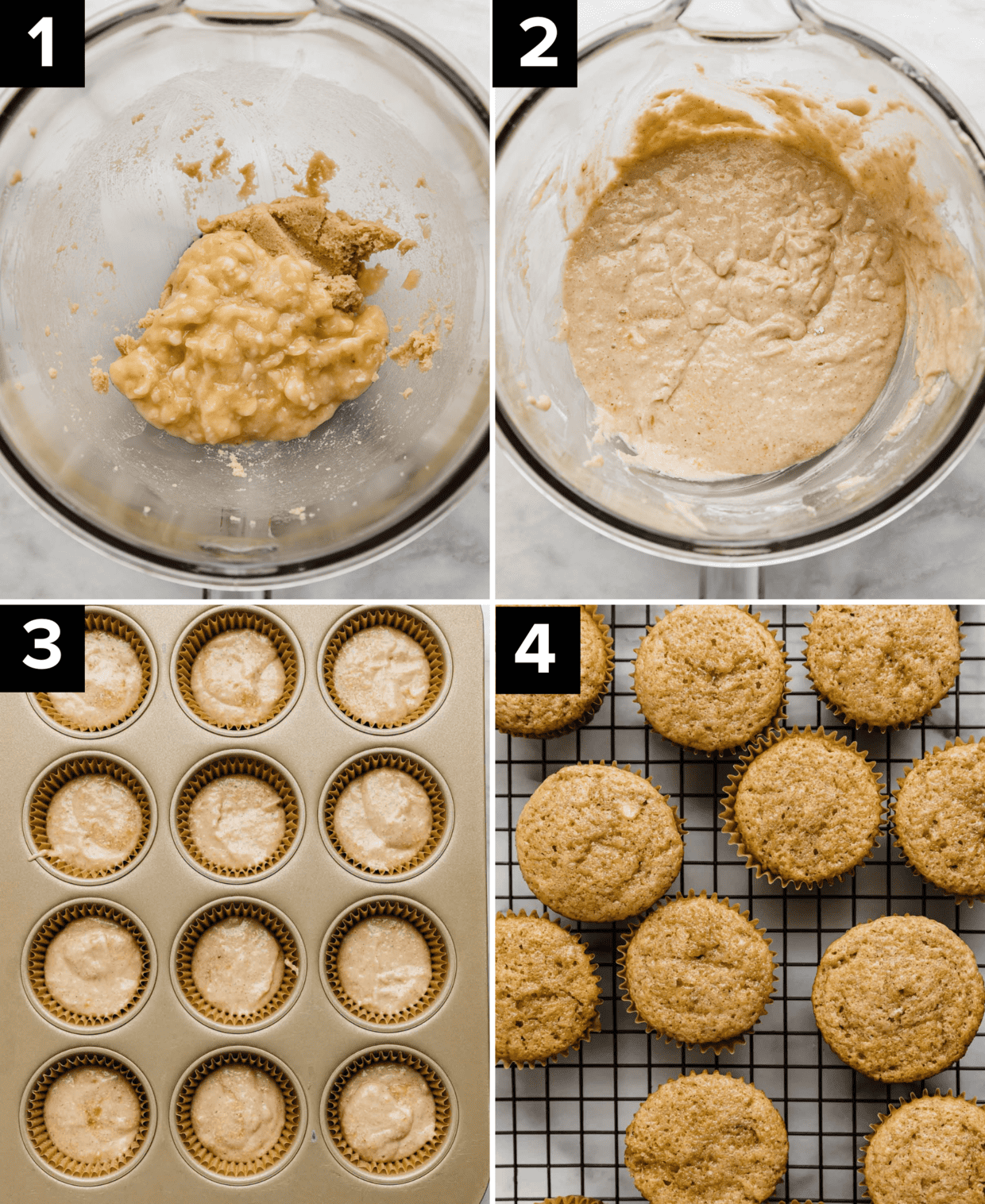 Four images showing how to make banana cupcake batter in a glass bowl, and then the batter is in cupcake liners, then baked.