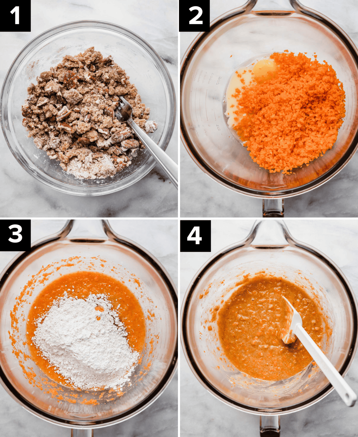Four images showing the process of making an orange Carrot Coffee Cake batter in a glass bowl on a white background.