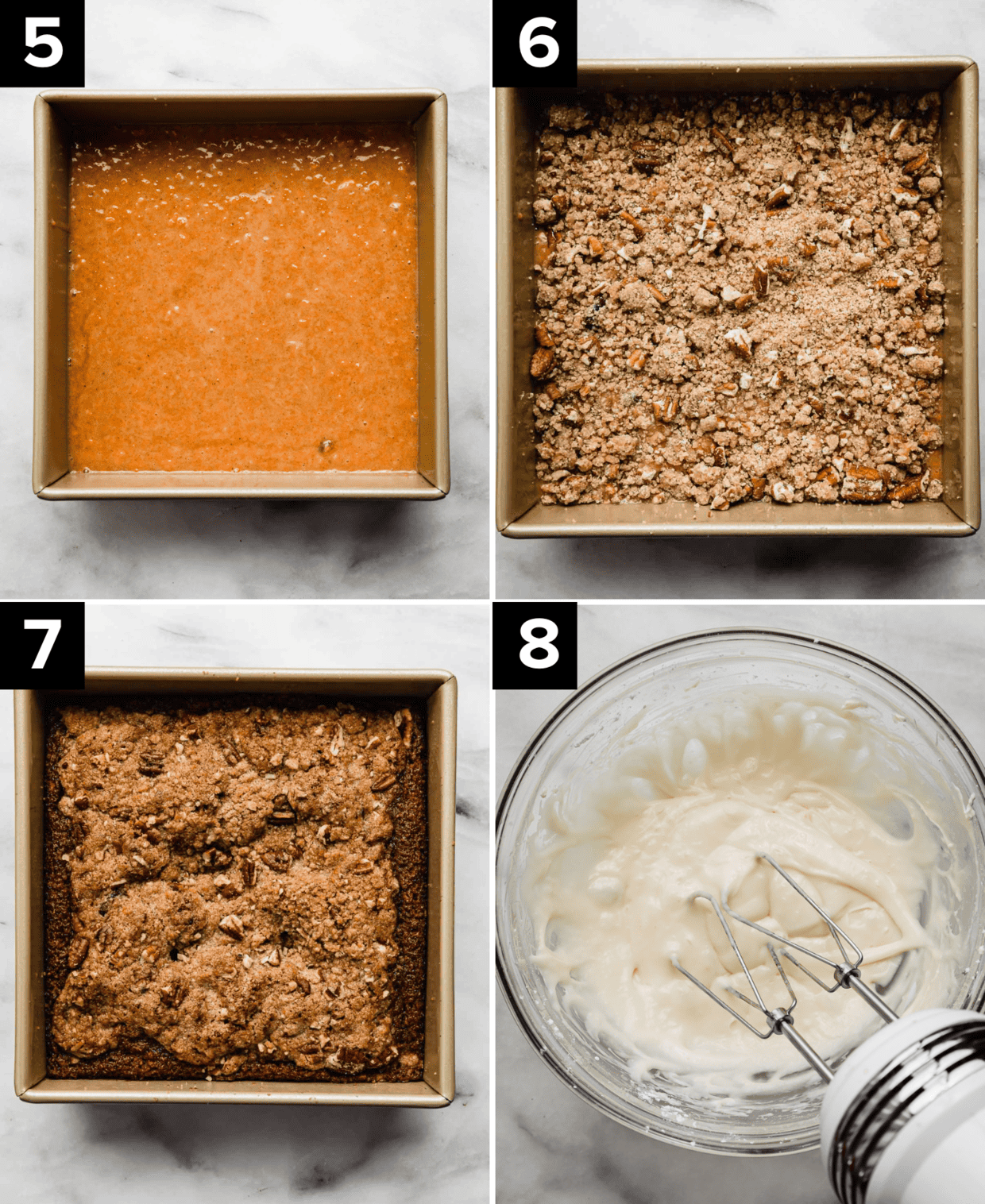 Four images showing unbaked carrot coffee cake in a square pan, then topped with streusel, then baked, and a glass bowl with cream cheese glaze.