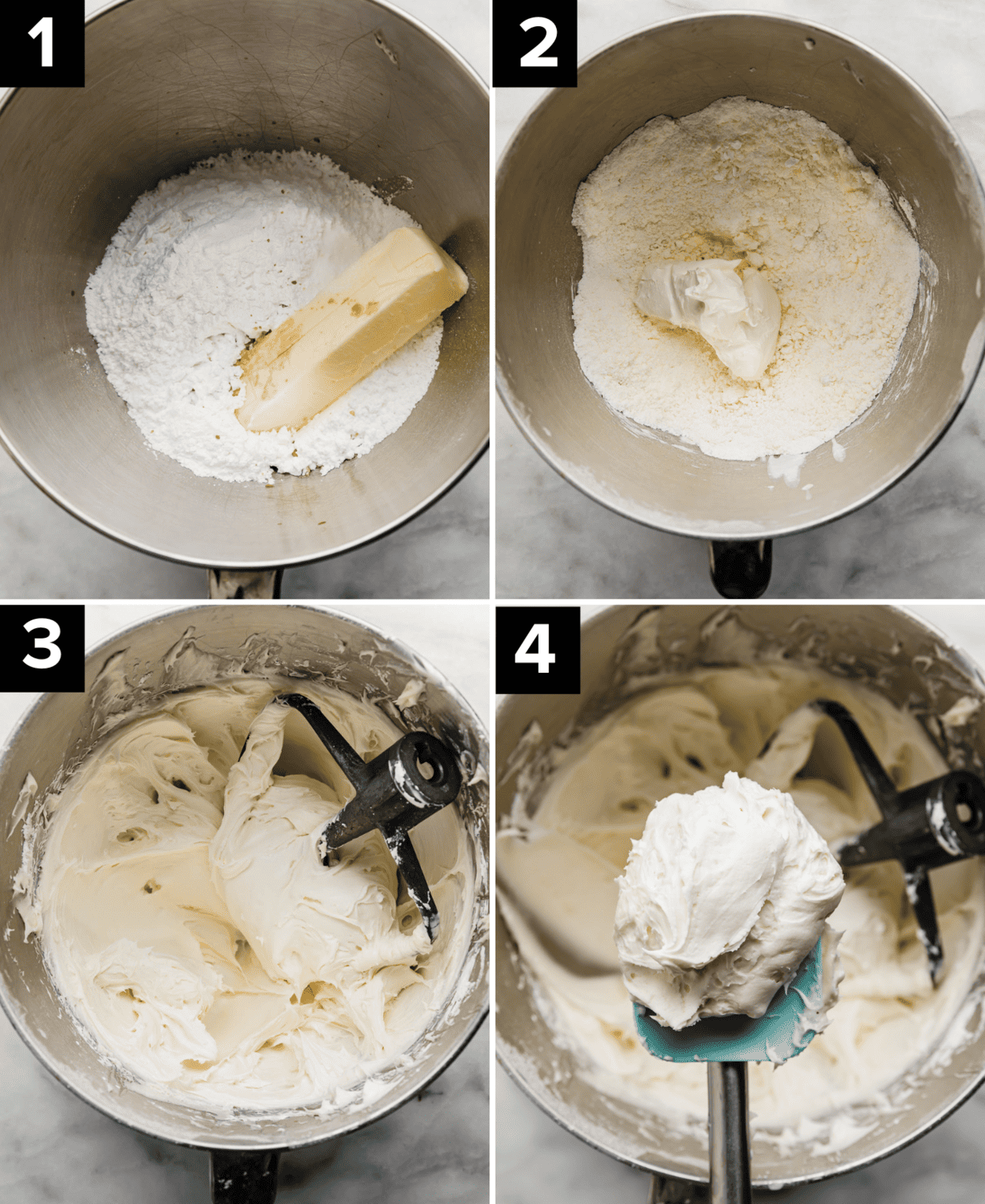 Four photos showing the process of adding ingredients to make a Small Batch Cream Cheese Frosting recipe.