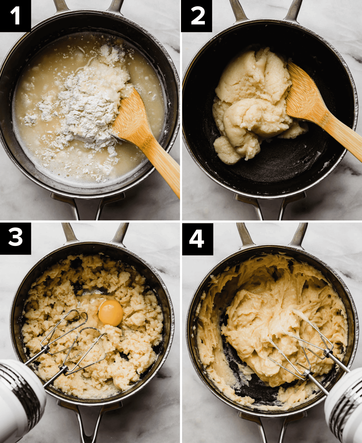 A black saucepan with butter, flour and water mixed, then cooked and the mixture forming into a ball. Bottom left image is an egg added to the mixture and being mixed in.