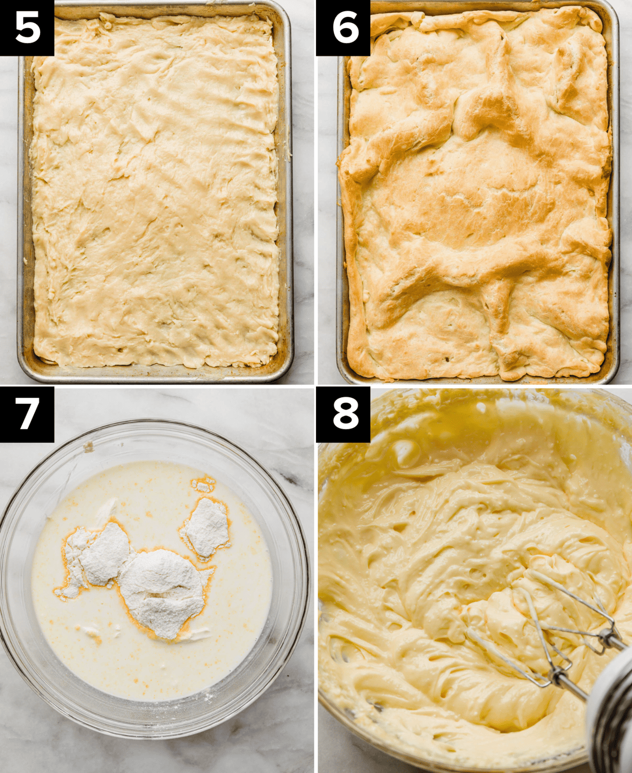 Four photos top left is cream puff batter in a jelly roll pan, top right photo is baked cream puff cake baked in a pan, bottom left is milk and instant vanilla pudding mixture in a bowl, bottom right is instant vanilla pudding and cream cheese mixture in a glass bowl.