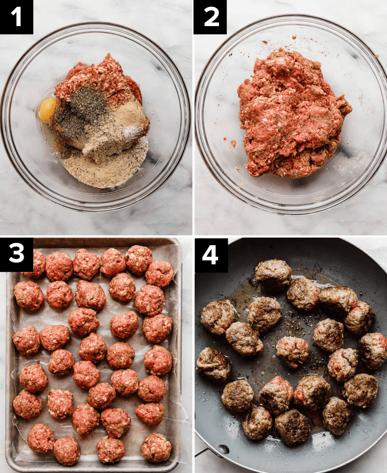 Four photos showing the making of Italian meatballs in a glass bowl, then seasonings added, then rolled into meatballs, and then the meatballs in a skillet being browned.