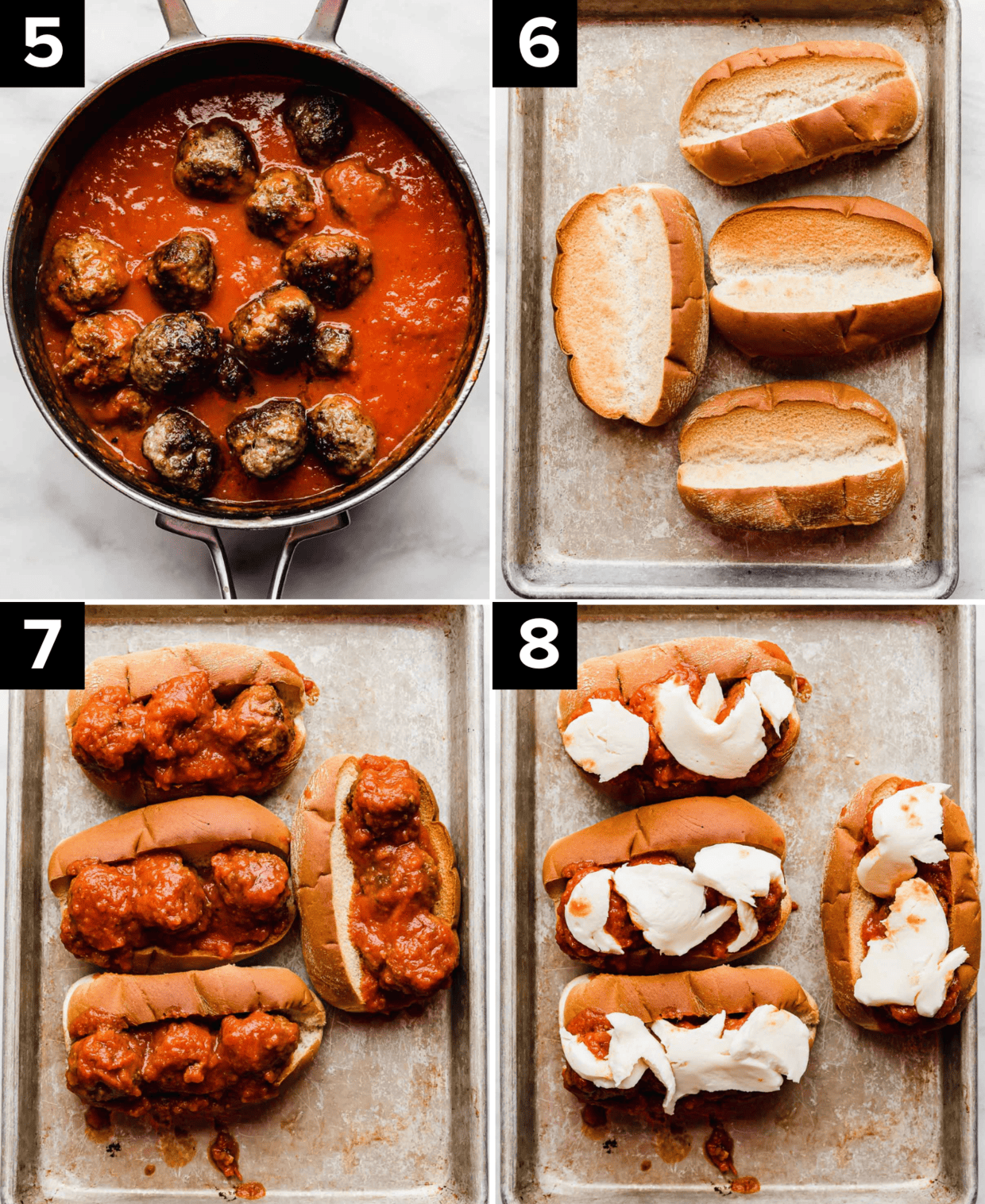 Four photos showing the process of how to make Italian Meatball Subs on toasted hoagie buns then topped with fresh mozzarella cheese.
