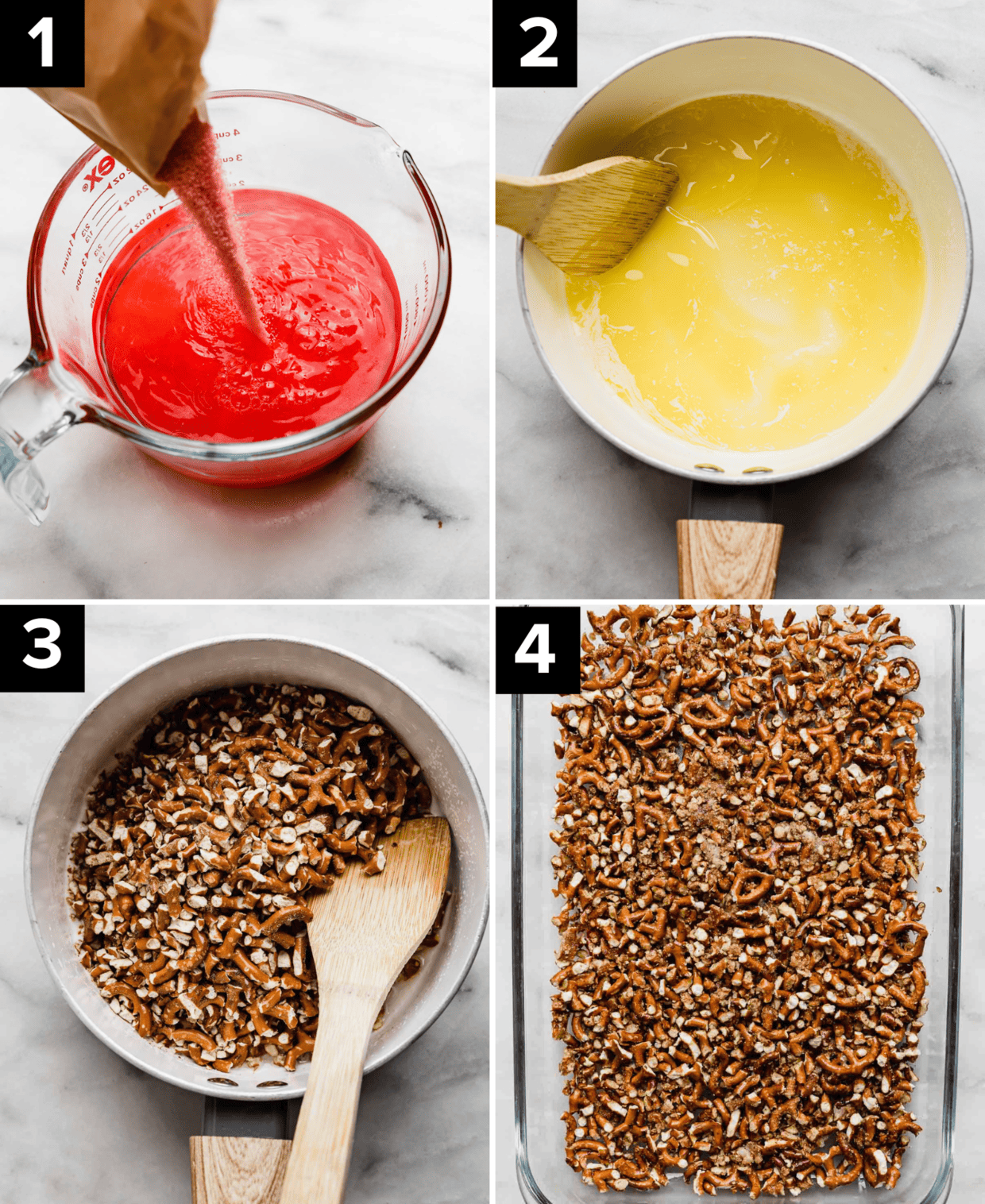 Four photos showing the making of Pretzel Jello Salad, top left is red jello mix being poured into boiling water, top right is butter melted in a white saucepan, bottom left is crushed pretzels in saucepan, bottom right is crushed pretzels along the bottom of a baking dish.