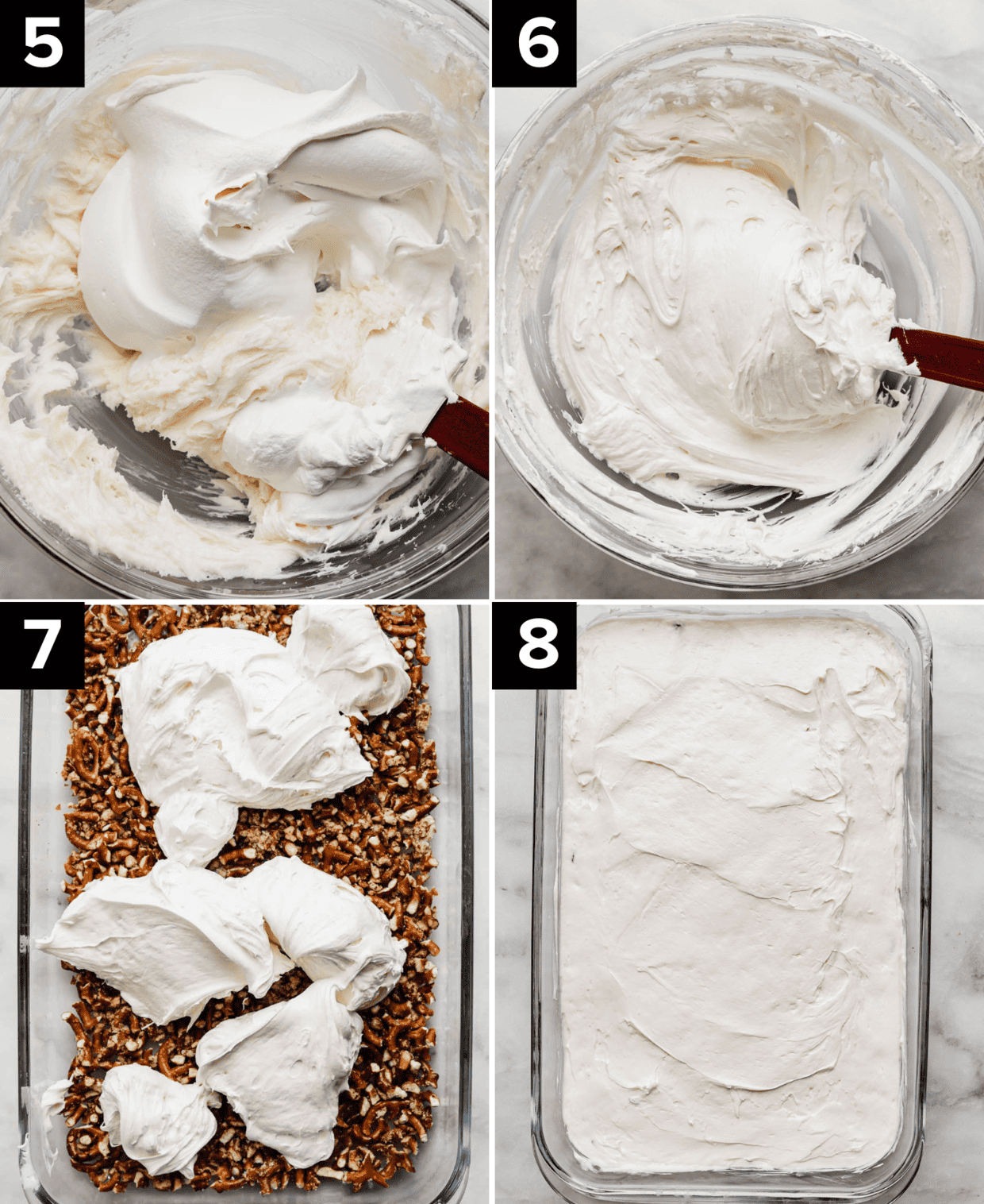 Four images, top left is white cream cheese mixture in glass bowl, top right is cool whip mixed into cream cheese mixture, bottom left is white fluffy mixture on top of crushed pretzel crust, bottom right is white cream cheese Pretzel Jello Salad mixture in a rectangular baking dish.