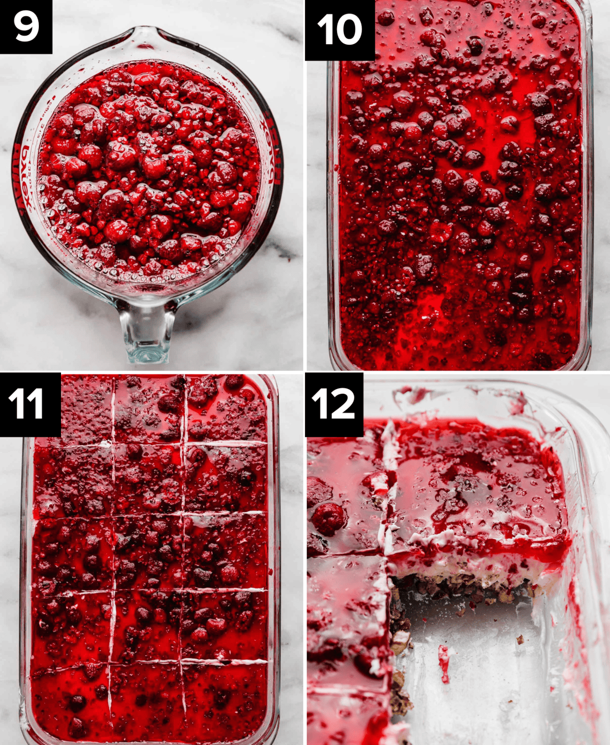 Four photos showing how to make the best Pretzel Jello Salad, top right is frozen raspberries in red jello mixture, top right is raspberry jello pretzel salad in a baking dish, bottom left is Pretzel Jello Salad cut into squares, and bottom right is sliced Pretzel Jello Salad.
