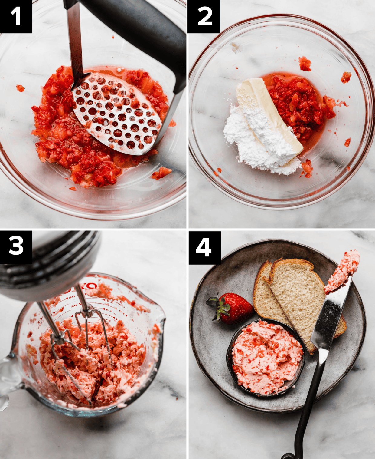 Four photos showing how to make fresh Strawberry Butter using 3 ingredients: top left image is mashed strawberries in a glass bowl, top right is butter, mashed berries, and powdered sugar in a glass bowl, bottom left image is strawberry butter being mixed by hand beaters, bottom right image is Strawberry Butter in a black bowl.