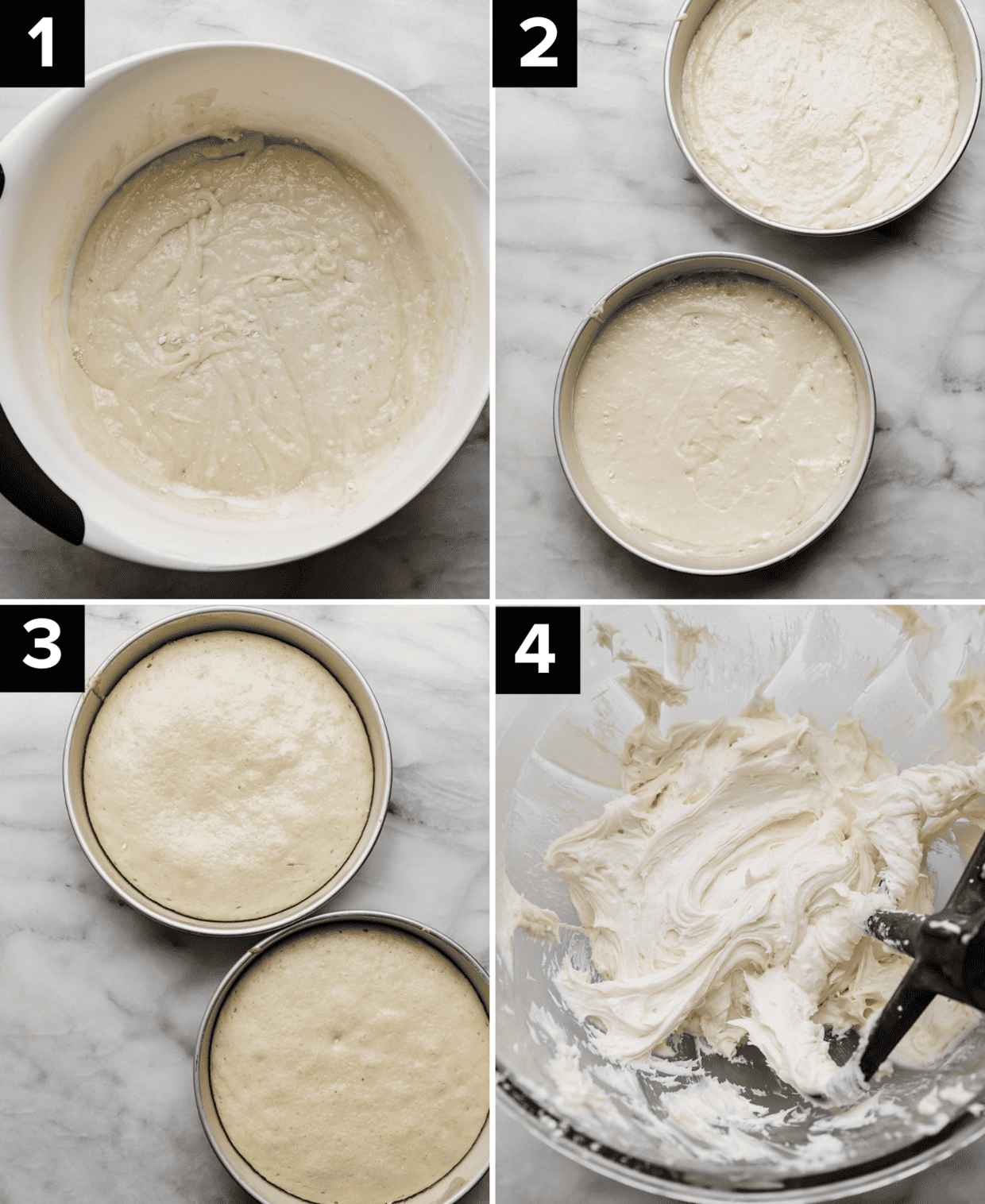 Four photos showing how to make the best Coconut Cake Recipe, top left is coconut cake batter in a white bowl, top right photo is cake batter in 2 round cake pans, bottom left image is baked coconut cakes in cake pans, and bottom right photo is coconut cream frosting in a glass bowl.