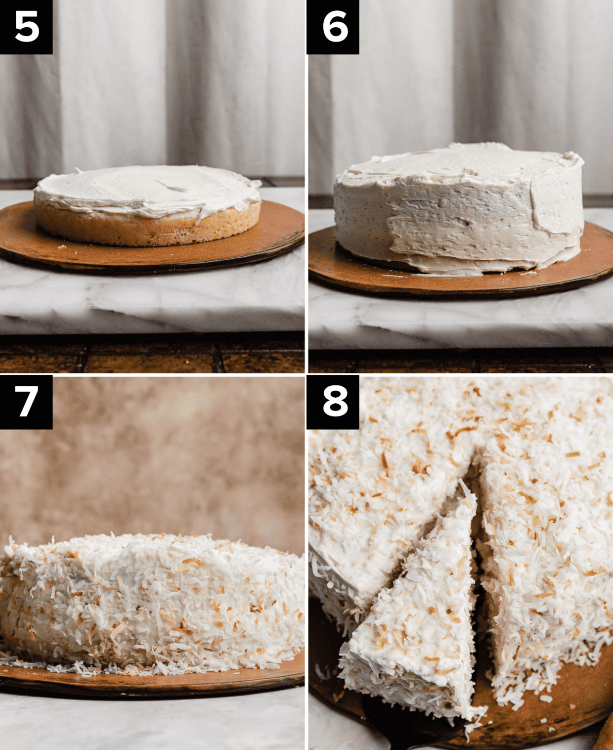 Four photos showing the frosting process of a double layer doctored cake mix Coconut Cake Recipe, with the final coconut cake frosted with a coconut cream frosting and topped with toasted coconut.