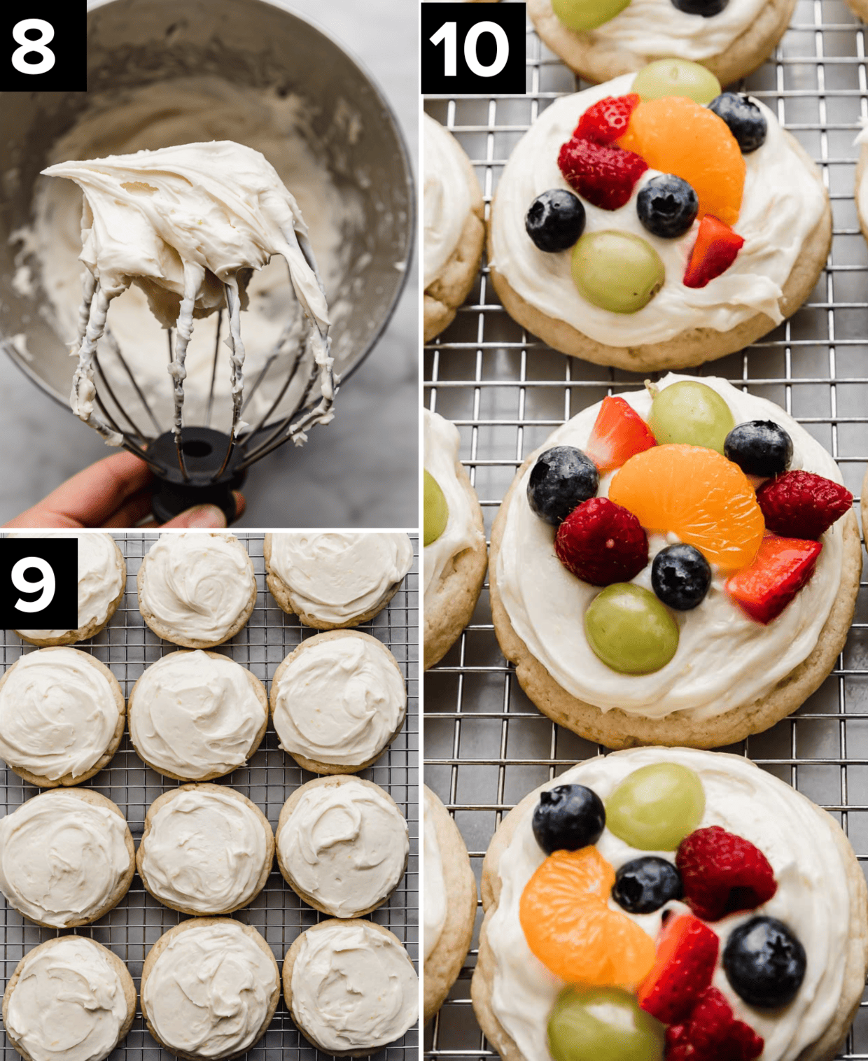 Three photos, top left is cream cheese frosting on a wire whisk, bottom left is white frosting topped cookies, right photo is Fruit Pizza Cookies topped with fresh fruit: raspberries, blueberries, grapes, and mandarin oranges.