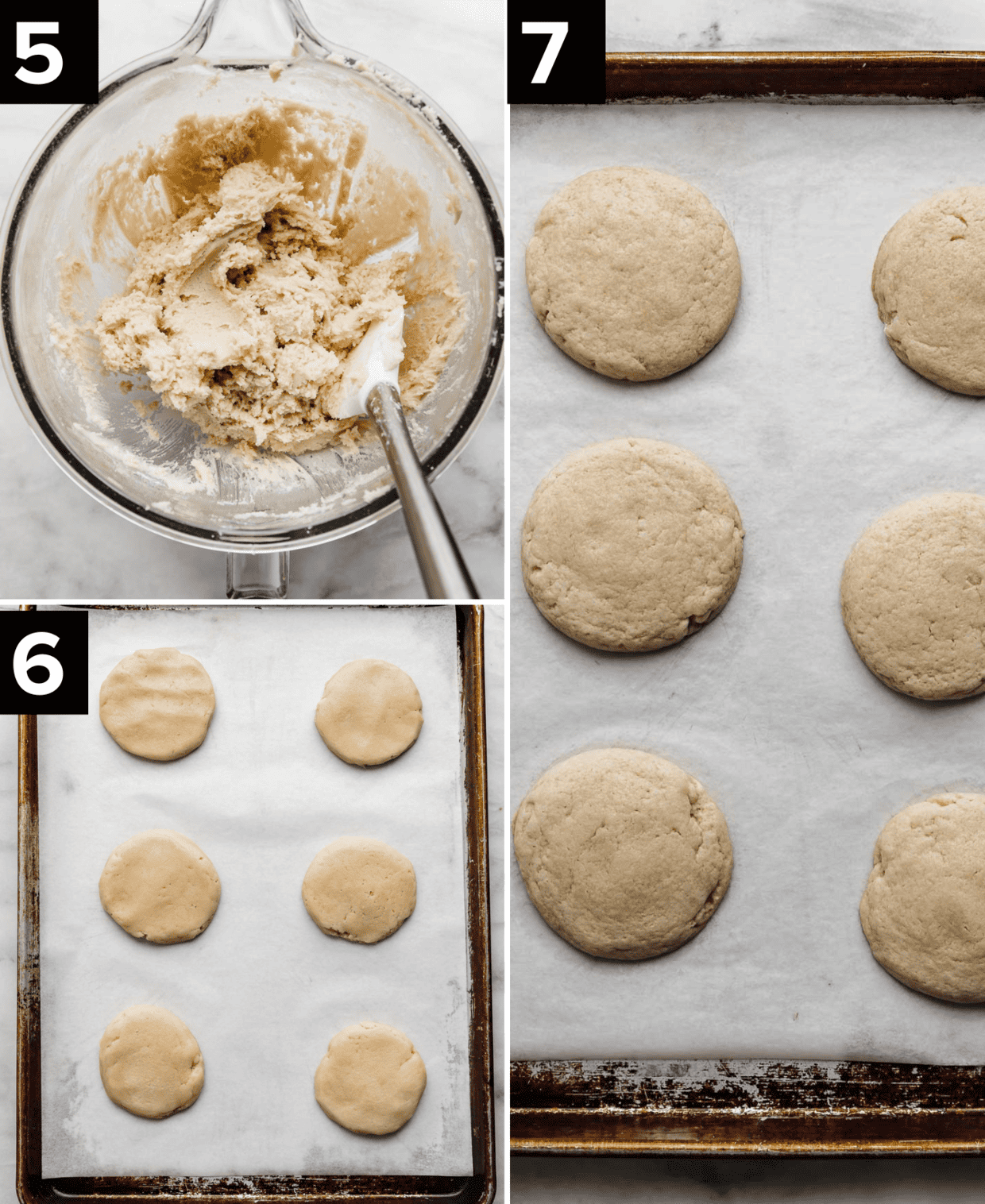 Cream cheese sugar cookie dough rolled into flat disks on a baking sheet, and then baked.