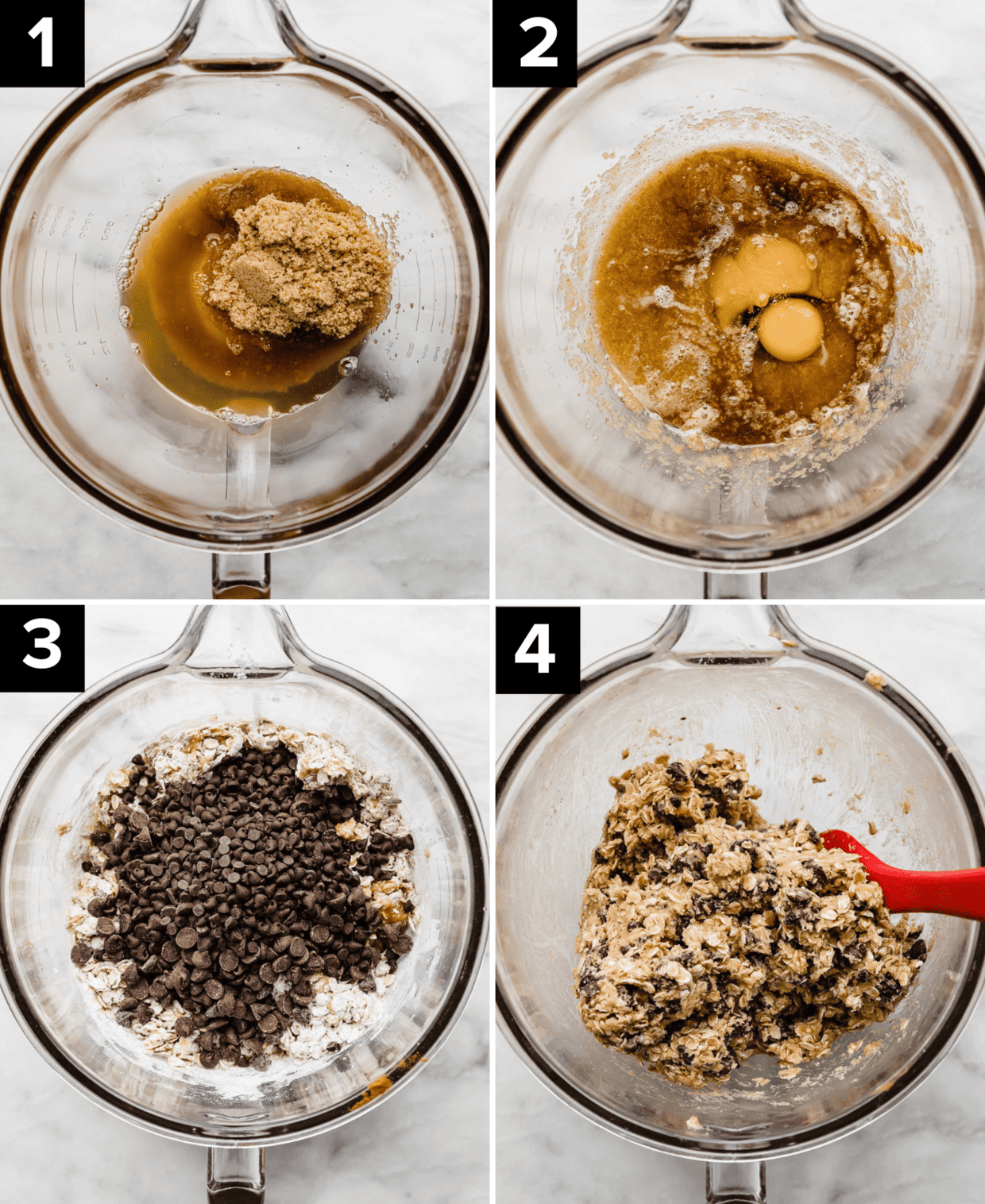 Four images showing the process of making oatmeal cookie bars with brown butter, in a glass bowl on a white background.